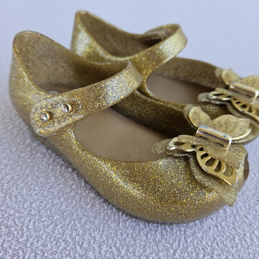 Mini Melissa Ultragirl Butterfly Gold Mary Jane Jelly Flats SZ 6 Hook & Loop